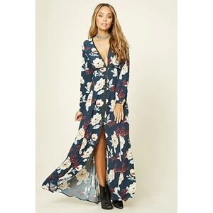 Forever 21 Womens Multicolor Floral Ribbon Grommet Long‎ Sleeve Maxi Dress Large